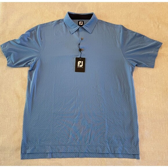 LARGE FootJoy Stretch Dot Print  Mens Polo Lagoon Blue / Navy  w/logo - Picture 1 of 6